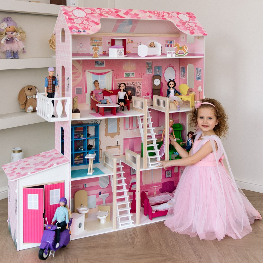 Деревянный кукольный домик "Нежность", с мебелью 28 предметов в наборе и с гаражом, для кукол 30 см  #1