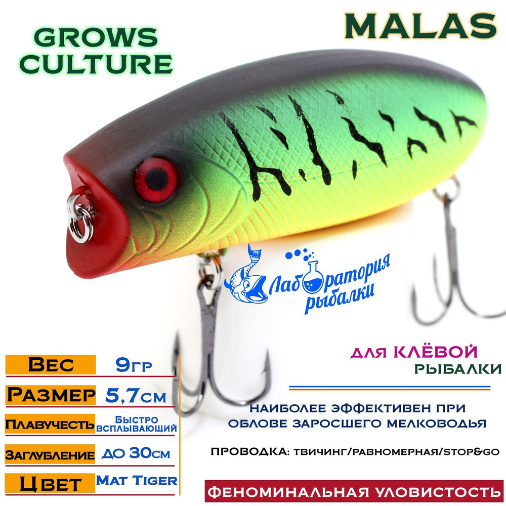 Воблер поверхностный Malas Grows Culture / длина 57 мм , вес 9 гр , цвет 808 Mat Tiger , заглубление #1