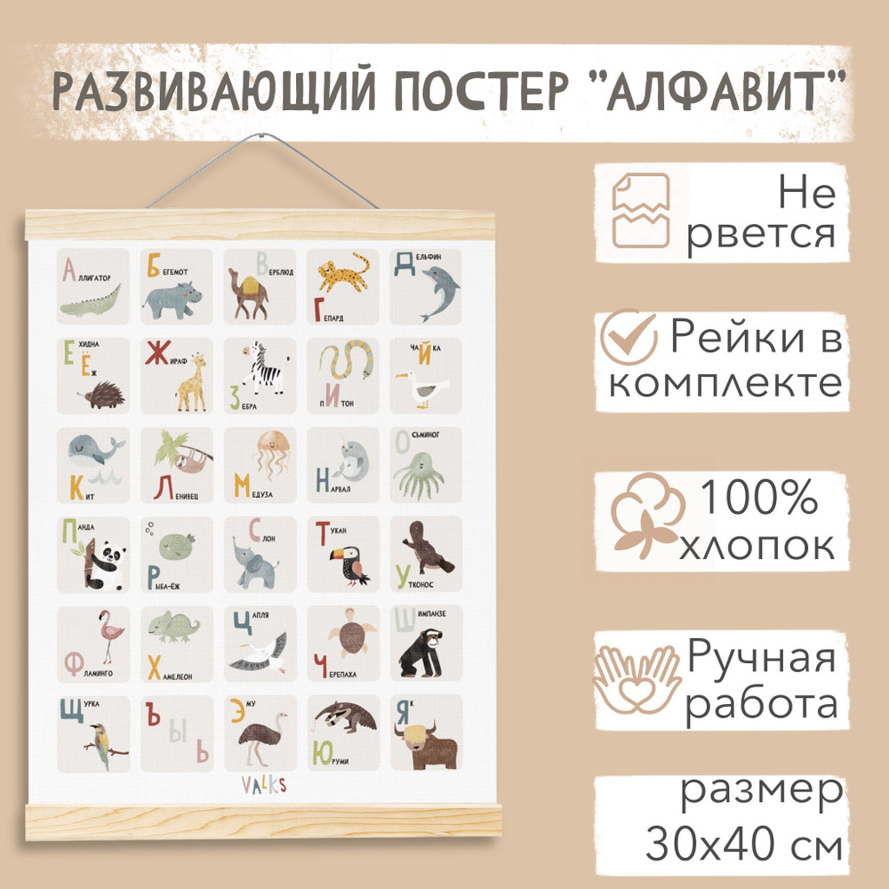 VALKS Постер "Алфавит универсальный, 1 шт, холст, обучающий плакат детский", 40 см х 30 см  #1