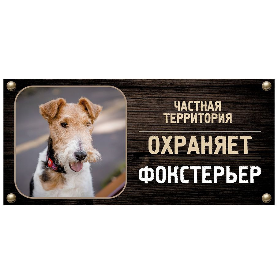Табличка, Злая собака, Территорию охраняет Фокстерьер, на металлической основе, 30см х 14 см, на забор, #1