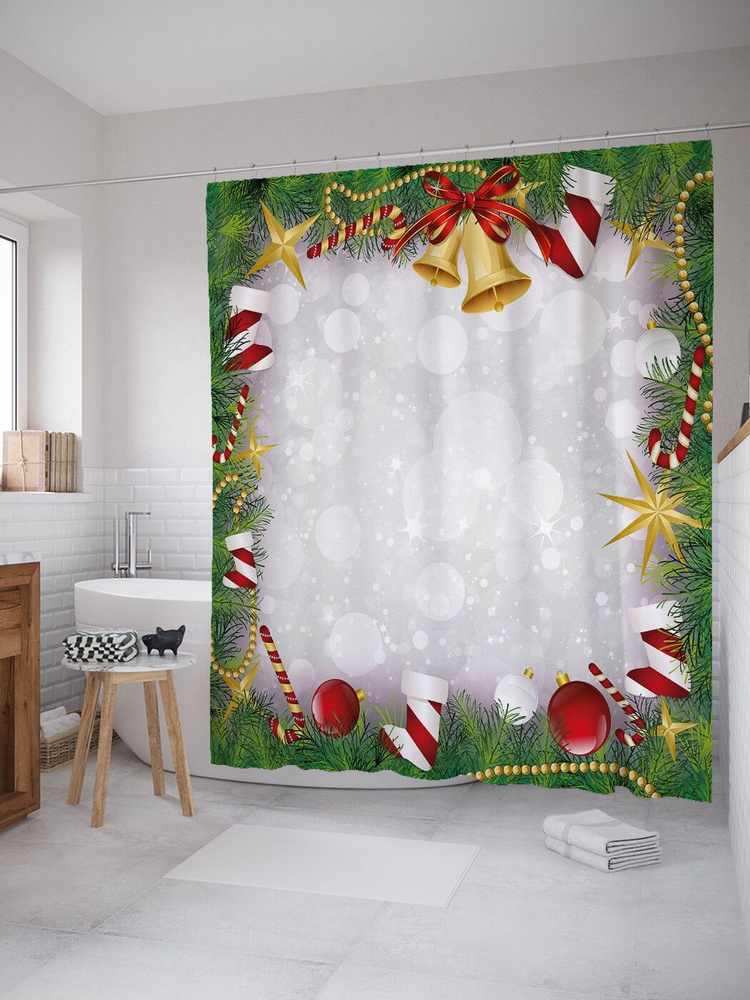 Штора для ванной, занавеска в ванную комнату тканевая "Носки на Рождество" JoyArty  #1