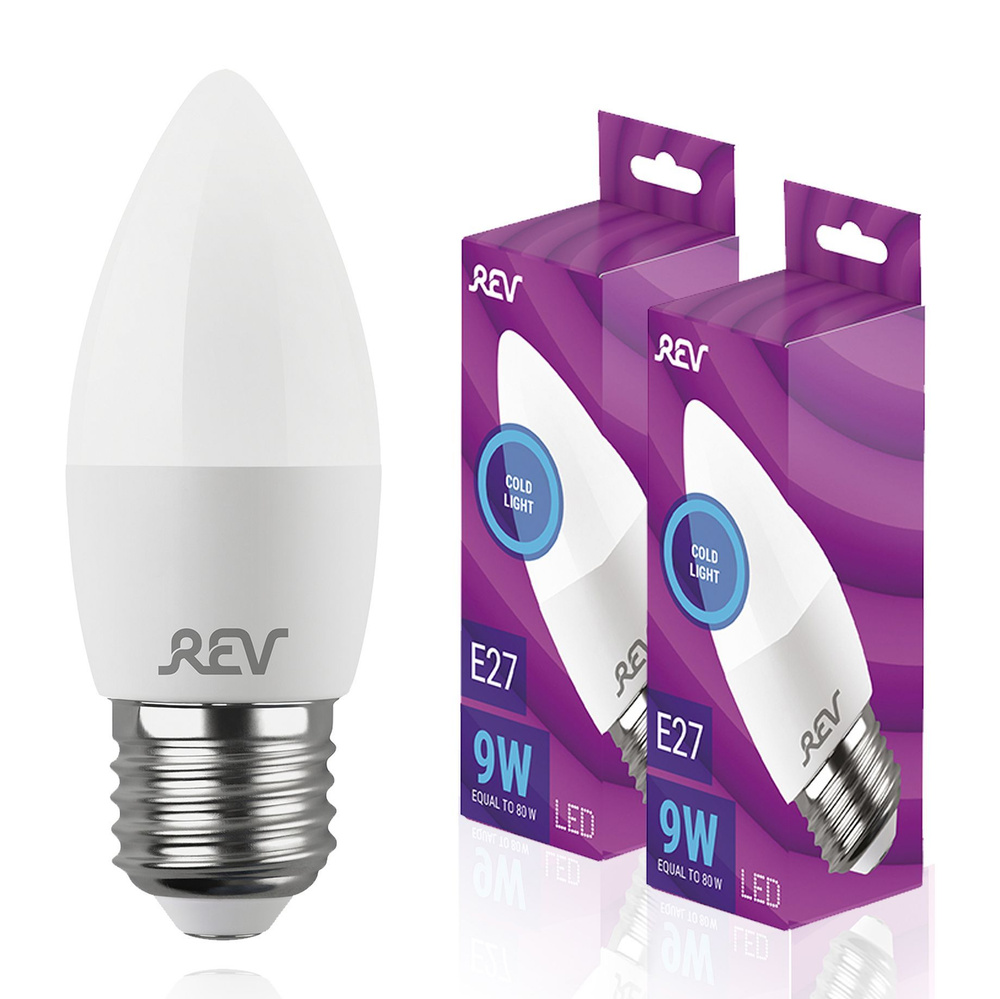 Упаковка светодиодных ламп 2 шт REV 32523 9, 6500К, Е27, C37, 9Вт #1