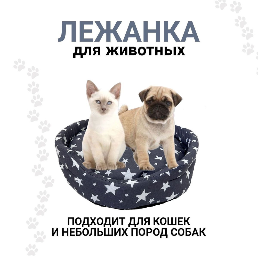 ZooMarket Лежанка с бортиком и подушкой для кошек, собак средних и малых пород 50х50 см Серая звезды #1