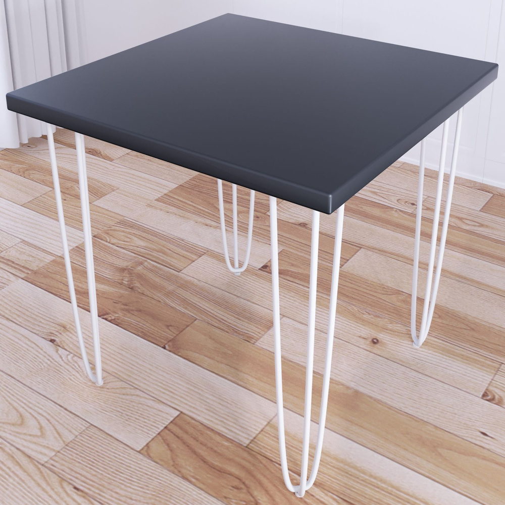 Стол кухонный Loft с квадратный столешницей цвета антрацит из массива сосны 40 мм и белыми ножками-шпильками, #1