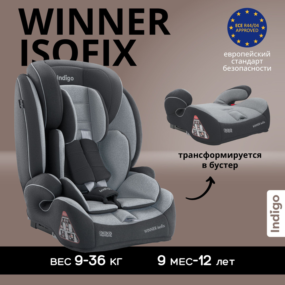 Автокресло бустер детское Indigo Winner ISOFIX YB706B 9-36 кг, группа 1,2,3, темно-серый, светло-серый #1