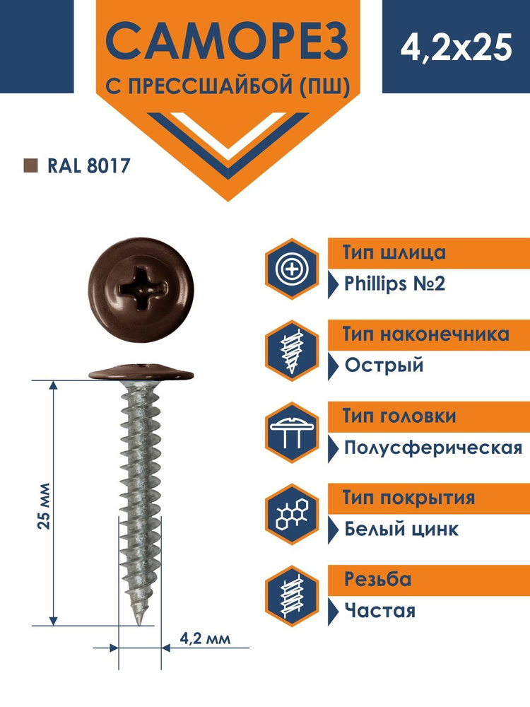 Саморез Rizzel ПШ 4,2х25 с прессшайбой острый RAL 8017 (500 шт) #1