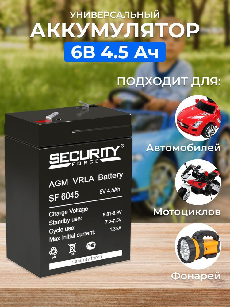 Аккумулятор для детского автомобиля и фонарей 6В 4.5А.ч Security Force 6045 (101х70х47мм)  #1