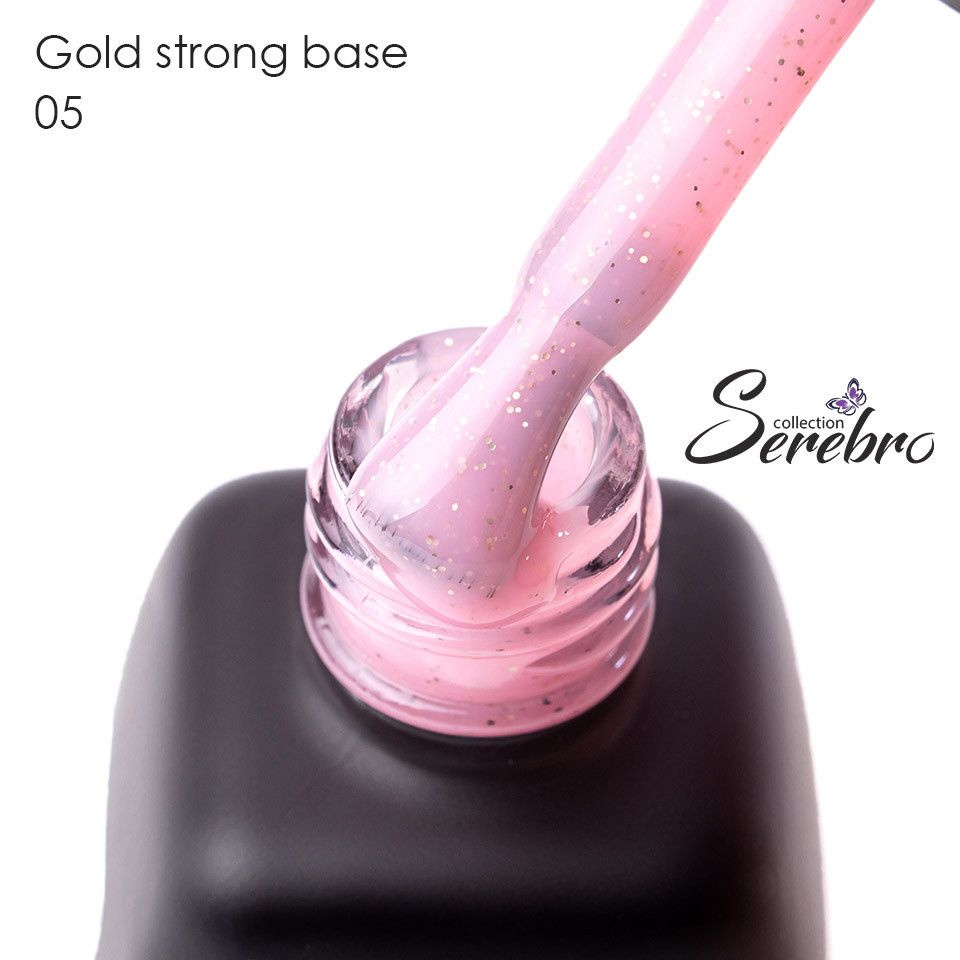 Serebro, Gold strong base - Камуфлирующая база для ногтей, гель лака с золотыми блестками №05, 11 мл #1