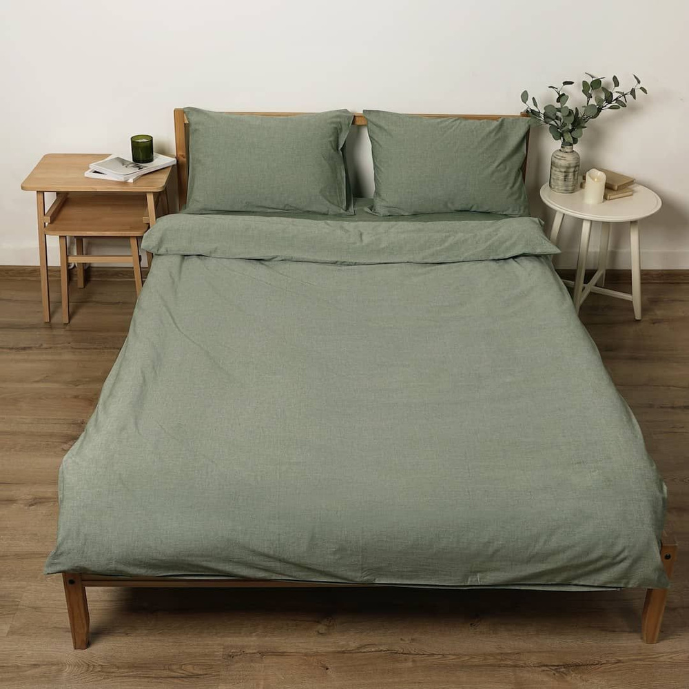 Пододеяльник 2-x спальный из премиальной ткани Варёный хлопок Melange Green на молнии 200x200  #1