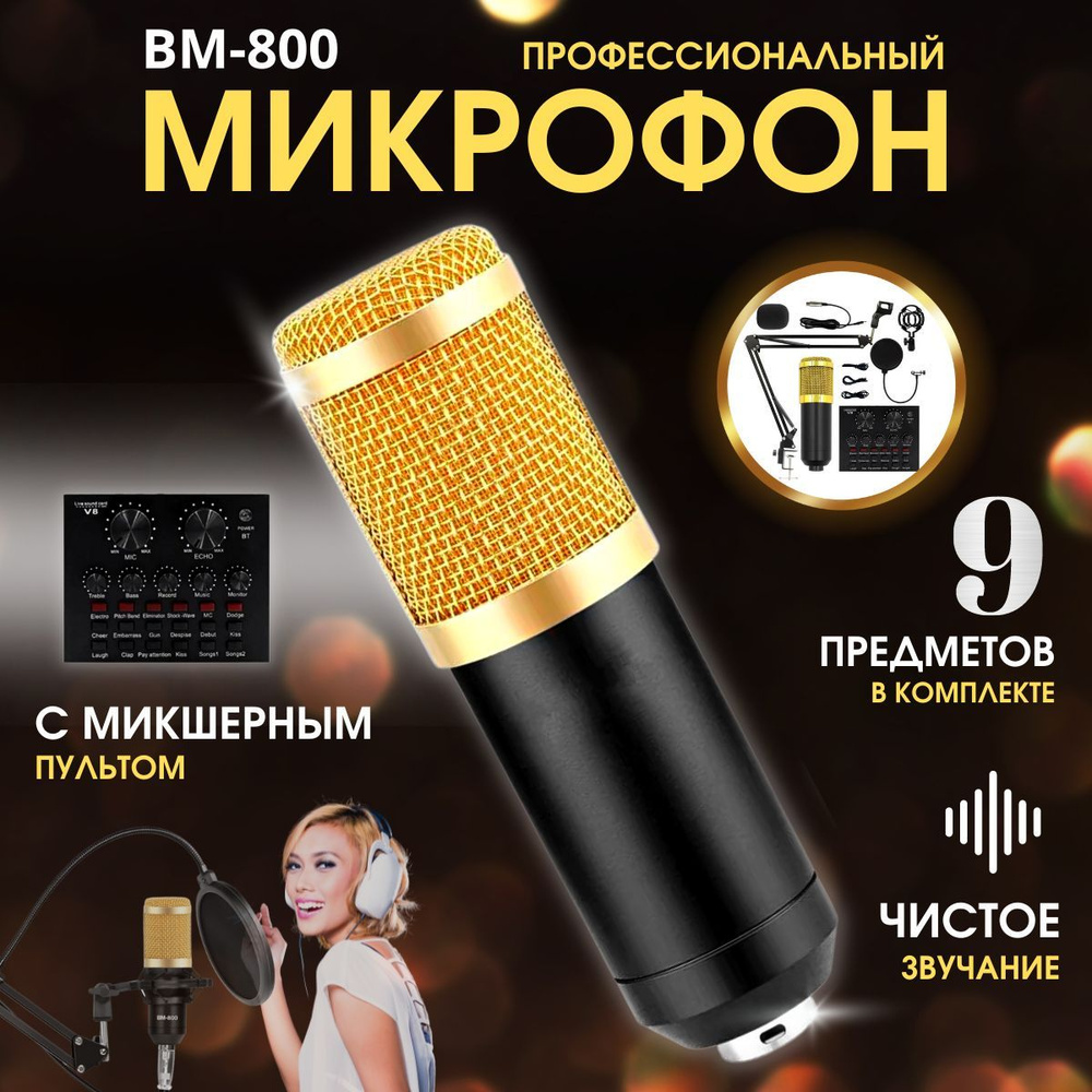 Микрофон BM-800 профессиональный с звуковой картой V8 (микшерным пультом), конденсаторный студийный микрофон #1