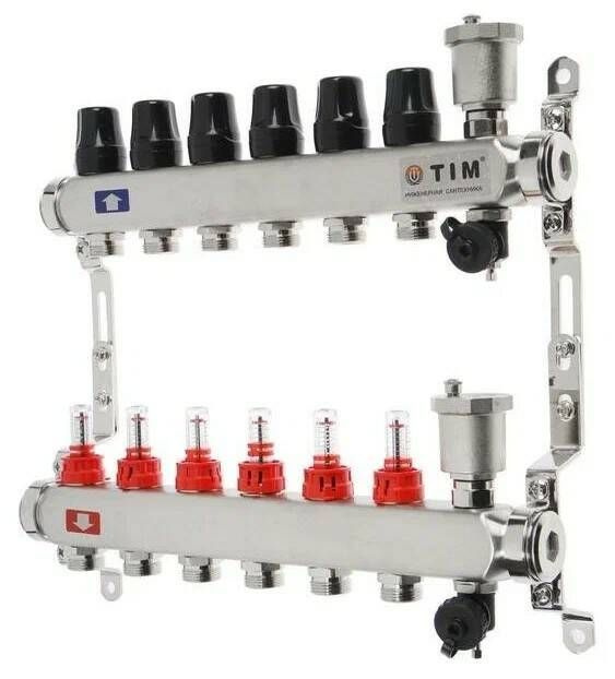 Коллекторная группа 6 контуров с расходомерами 1" * 3/4" E,с дренажными кранами и воздухоотводчиками #1
