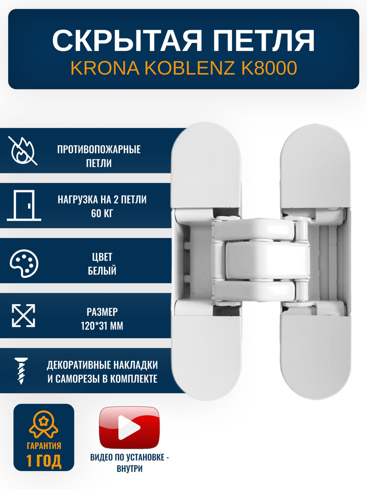 Петли дверные скрытые KRONA KOBLENZ K8000 BI 1 шт., цвет белый #1