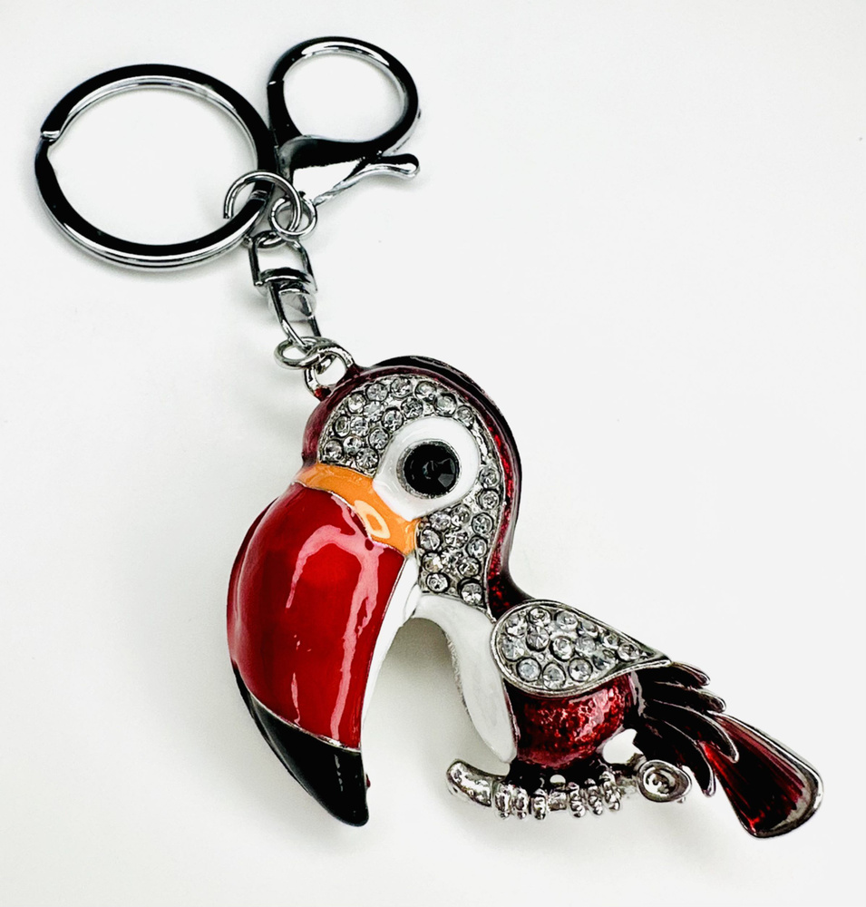 Брелок с карабином для ключей для сумки, большой серебристый брелок с крупными камнями, красная птица #1