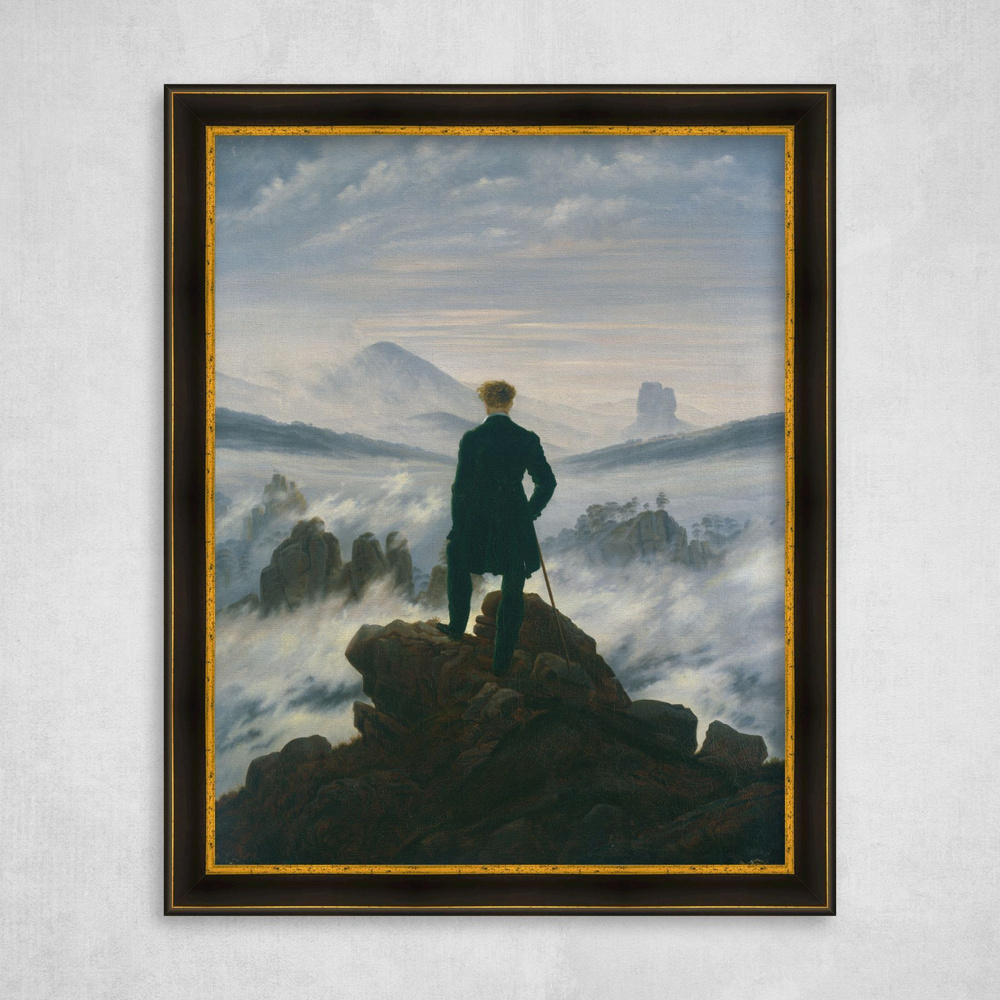 Картина на холсте в черно-золотой багетной раме, Каспар Давид Фридрих "Странник над морем тумана", 50x64см #1