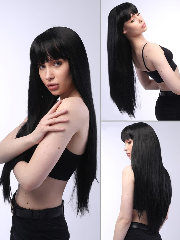 Женский длинный прямой парик с челкой, черные прямые волосы, модный и повседневный, имитирующий натуральные #1