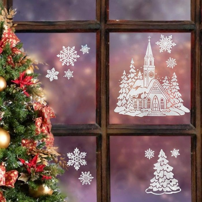 Наклейки на окна Sima-land "Новогодние" зимний дом, елка, снежинки, 26х21 см (7006943)  #1