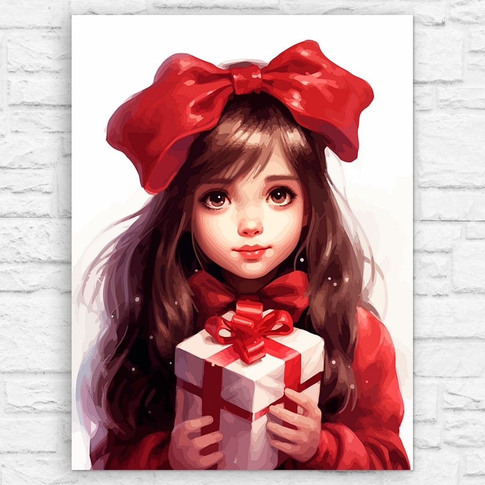 Картина по номерам на холсте новый год 2024 (девочка с подарком, Рождество) - 12657 В 30x40  #1
