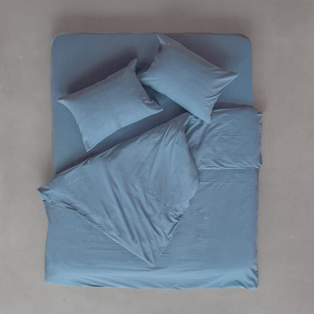 Постельное белье из вареного хлопка, синий, полутораспальный, наволочки 50х70 см  #1