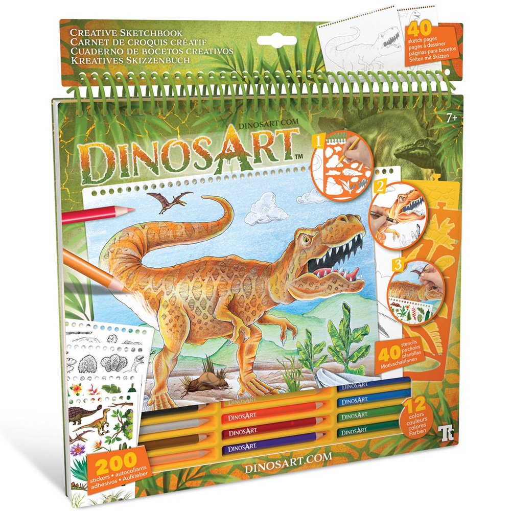 Серия Dino: Набор для раскрашивания (40 скетч страниц, 40 трафаретов, 12 цветных карандашей)  #1