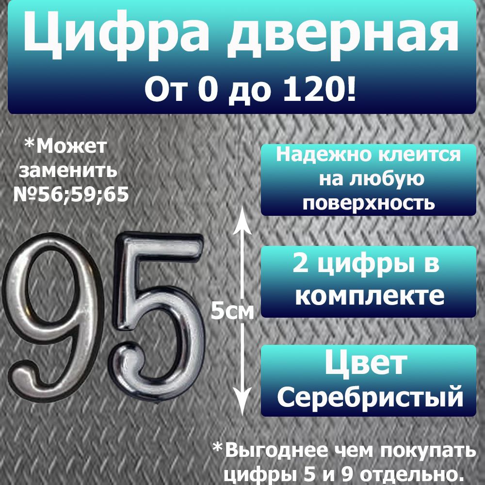 Цифра на дверь квартиры самоклеящаяся №95 с липким слоем Серебро, номер дверной Хром, Все цифры от 0 #1