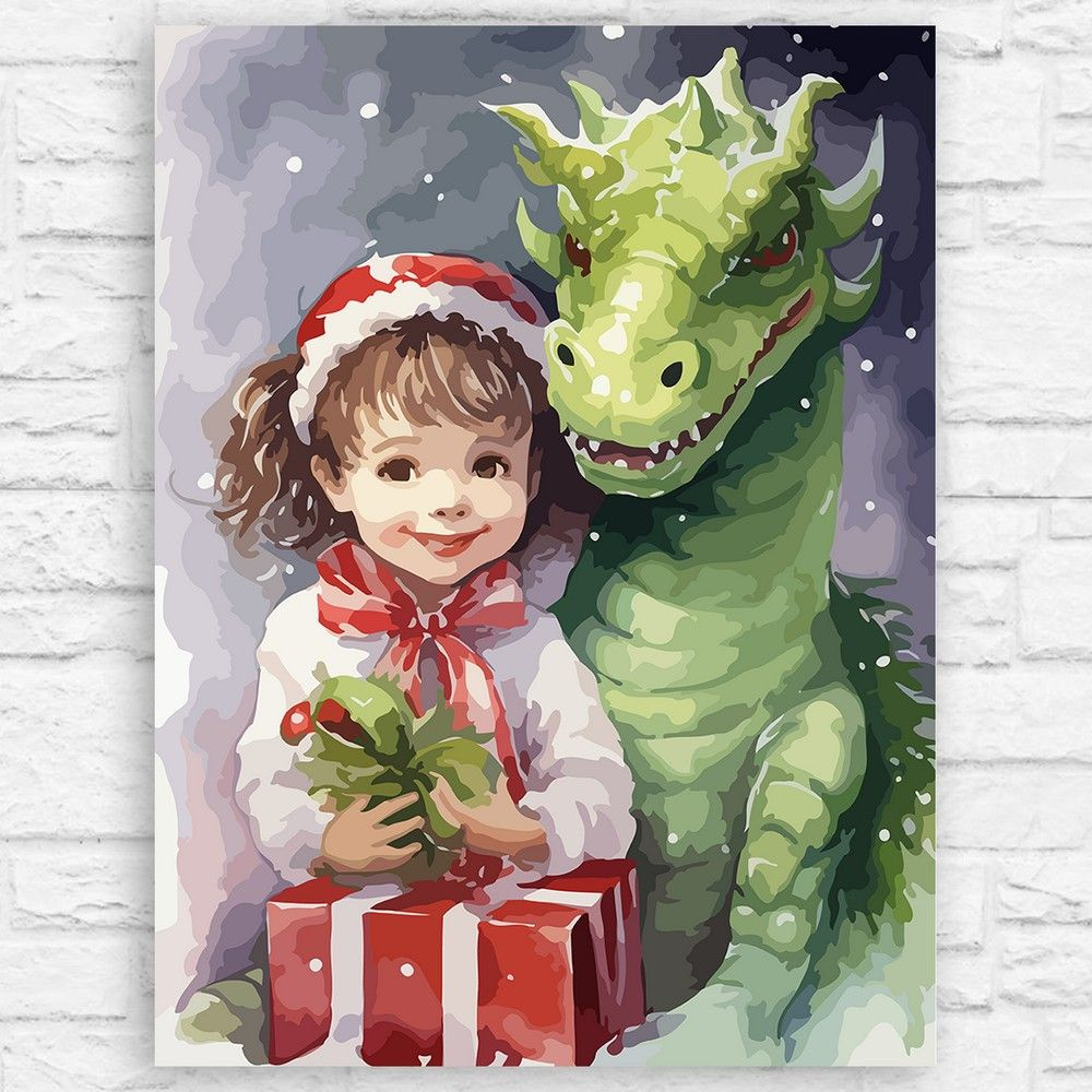 Картина по номерам на холсте новый год деревянный зеленый дракон (год дракона, рождество, фэнтези) - #1