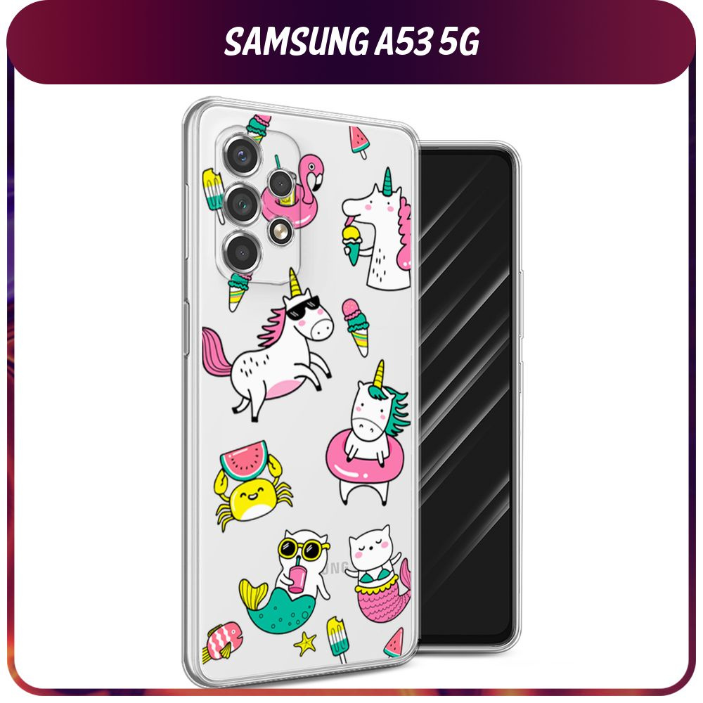Силиконовый чехол на Samsung Galaxy A53 5G / Самсунг А53 5G "Единороги в отпуске", прозрачный  #1