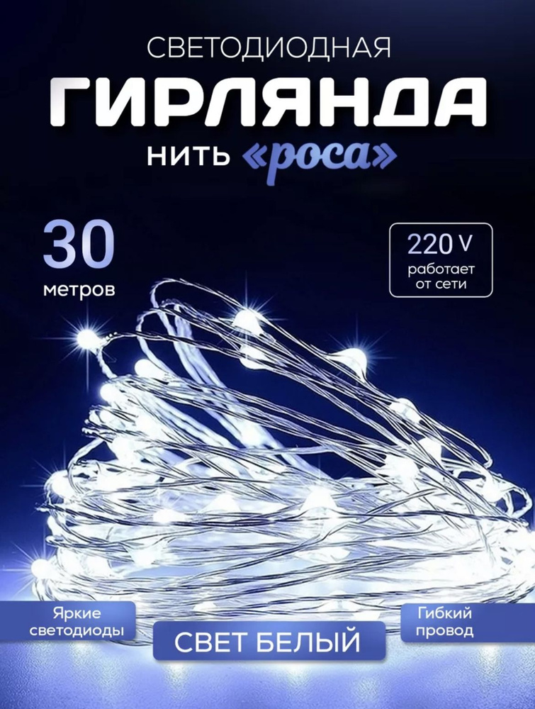 Гирлянда Роса Нить Светодиодная 30 м, 300 LED, питание от сети  #1
