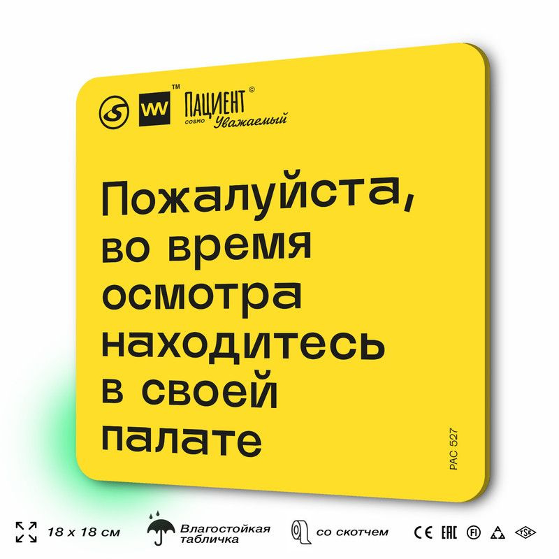 Табличка с правилами "Пожалуйста, во время осмотра находитесь в своей палате" для медучреждения, 18х18 #1