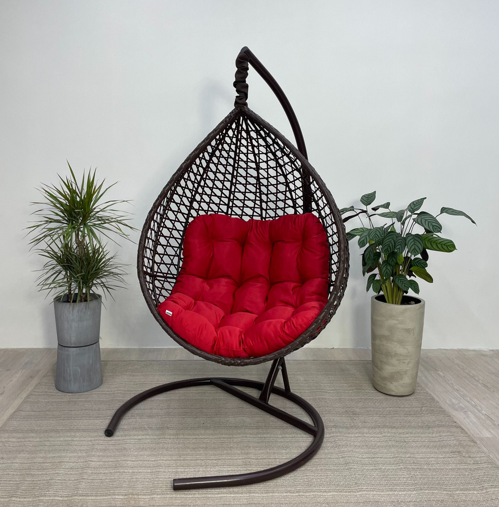 Подвесное кресло-кокон MONTBLANC коричневый + каркас (красная подушка Relax)  #1