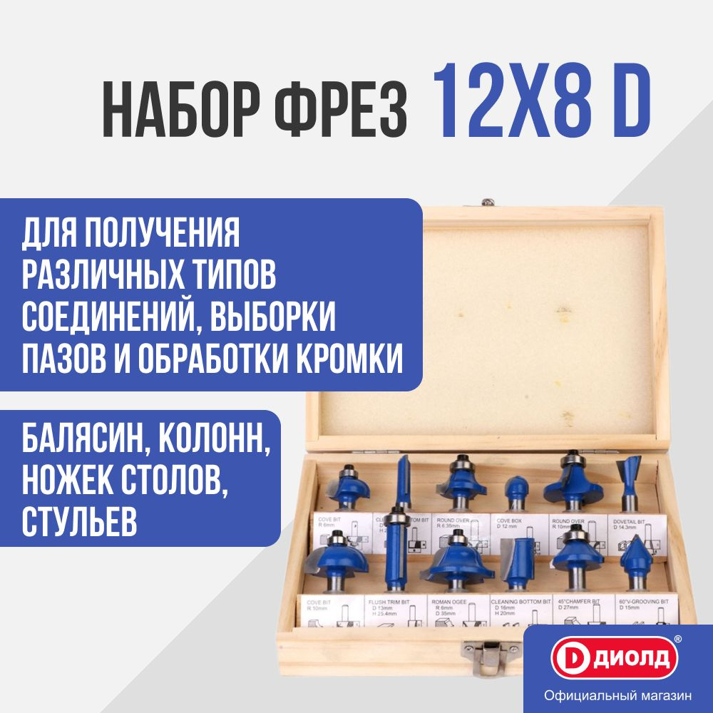 Набор фрез Диолд 12x8 D (12 шт., диаметр хвостовика 8 мм) #1