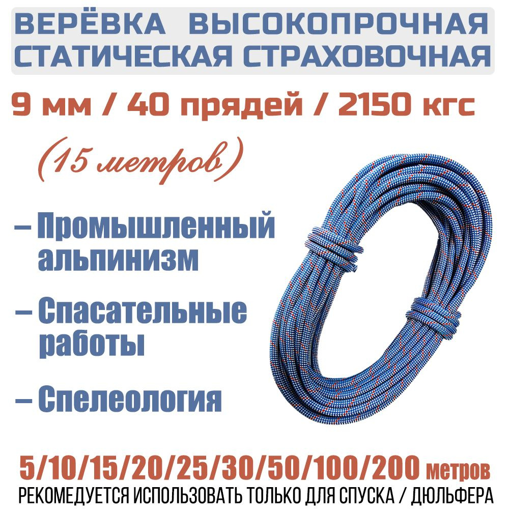 Высокопрочная страховочная верёвка «Prival static» 9мм, 15м
