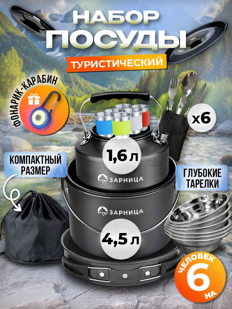 Туристическийнаборпосудыдляпохода,пикника,кострана6персон