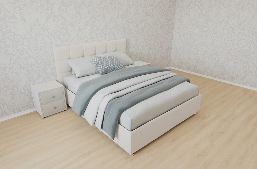 Двуспальная кровать Афина с матрасом 160x200 основание металлическое с ламелями велюр белый ножки 13 #1