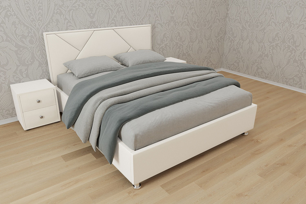 Двуспальная кровать Линда 180x200 основание металлическое с ламелями велюр белый без ножек  #1