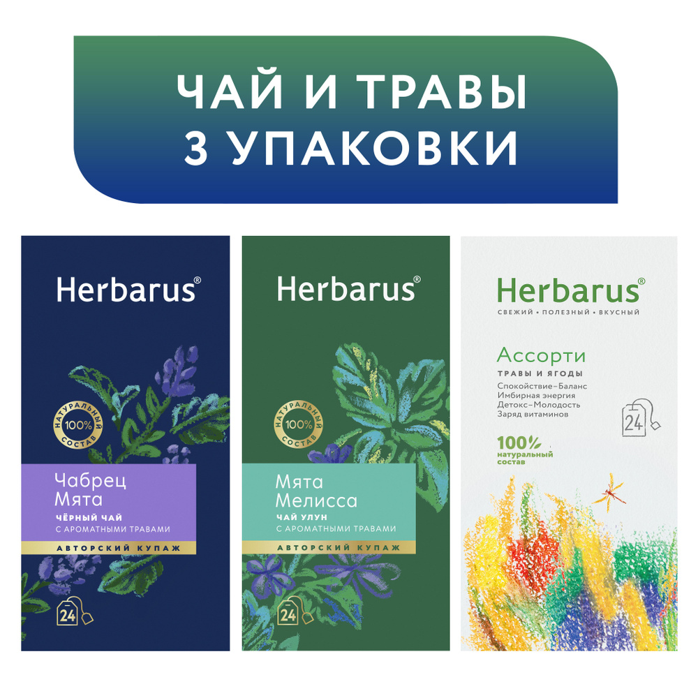 Набор 3 Хита Чай в пакетиках Herbarus черный с добавками Чабрец Мята, Чай улун с добавками Мята Мелисса, #1