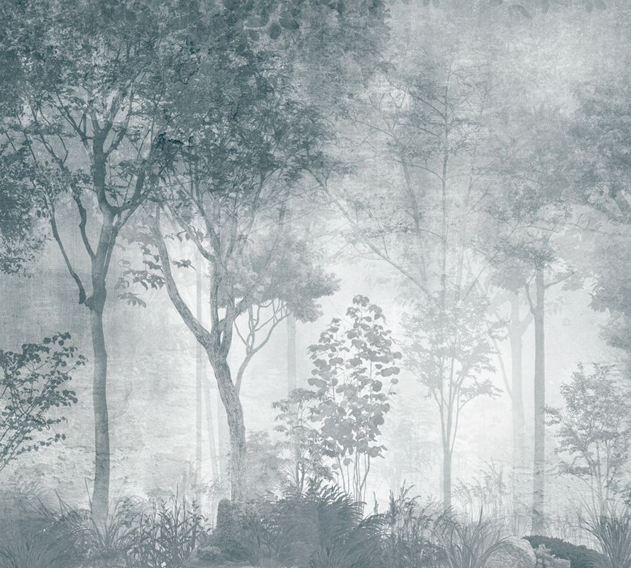 Фотообои флизелиновые на стену 3д GrandPik 10319 Лофт "Лес, деревья в тумане, винтаж, синий" (ШхВ), 300х270 #1