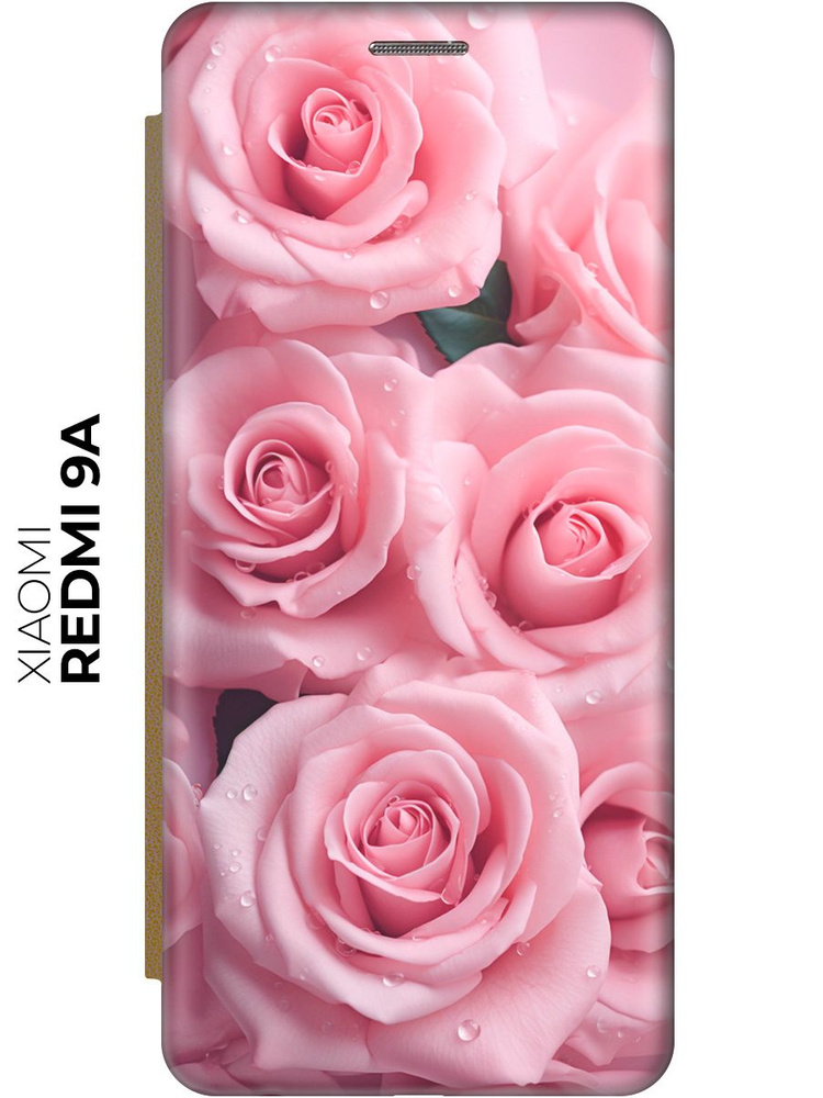 Чехол-книжка на Xiaomi Redmi 9A / Сяоми Редми 9А с рисунком "Букет роз" золотой  #1