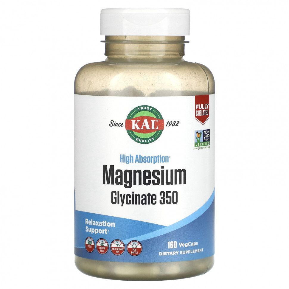 KAL Magnesium Glycinate 350 мг, глицинат магния, 160 капсул #1