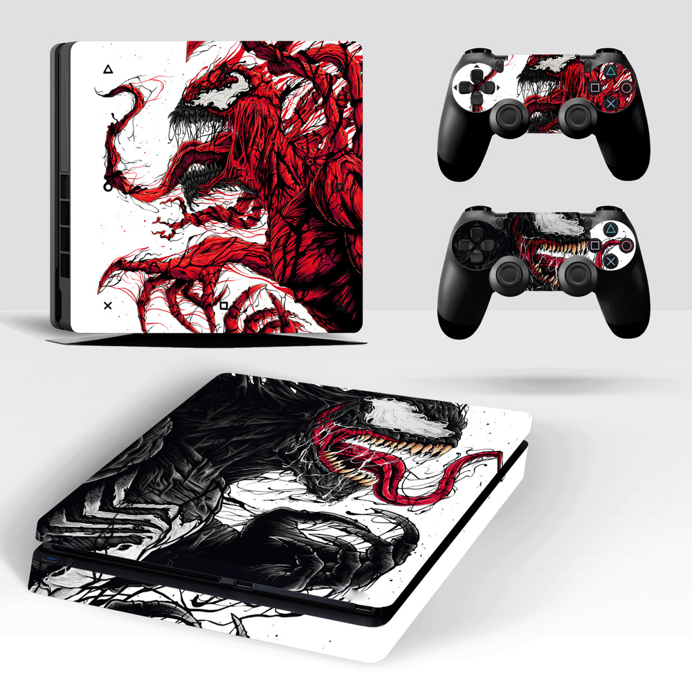 Наклейка Venom Black&Red для игровой приставки Sony PlayStation 4 Slim полный комплект геймпады  #1