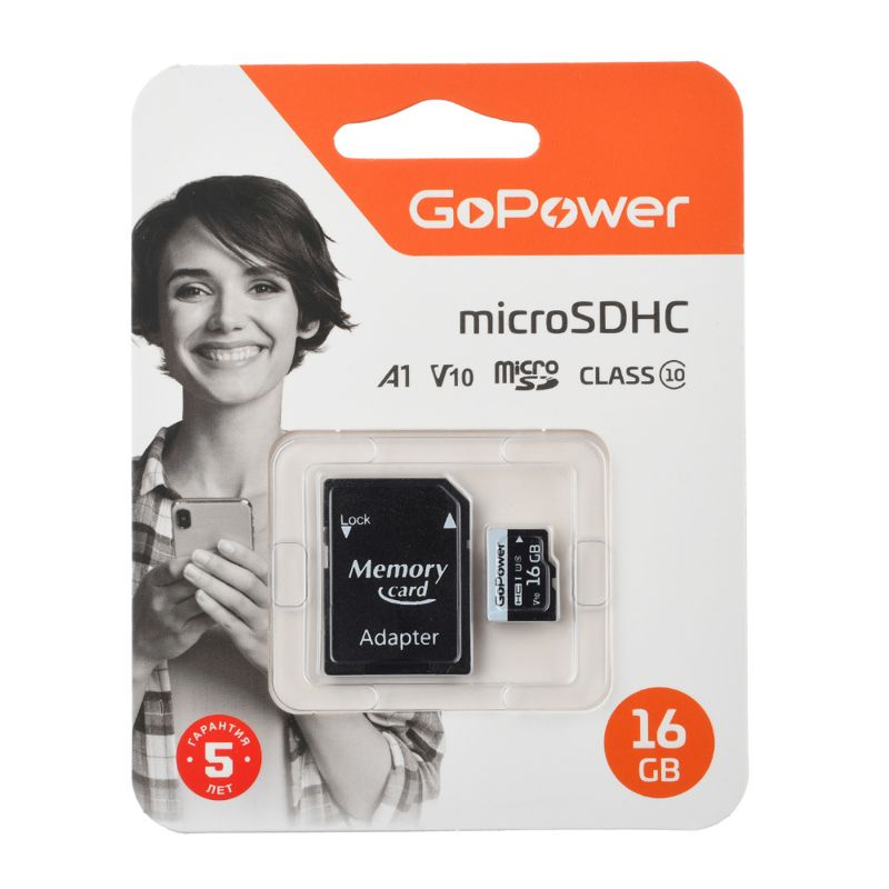 Карта памяти micro sd GoPower 16GB Class10 60 МБ/сек V10 с адаптером (00-00025674)  #1