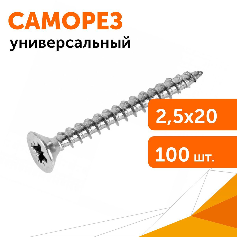 Саморез универсальный острый с потайной головкой 2,5x20 цинк, 100шт  #1