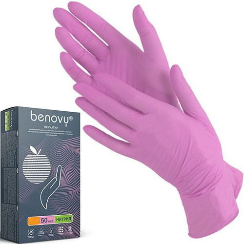 Перчатки нитриловые benovy, розового цвета, размер М, 50 пар  #1