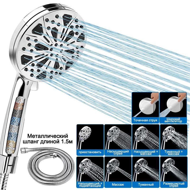 Лейка для душа высокое давление, 10 режимов, лейка для душа со шлангом С Гранулы фильтров для умягчения #1