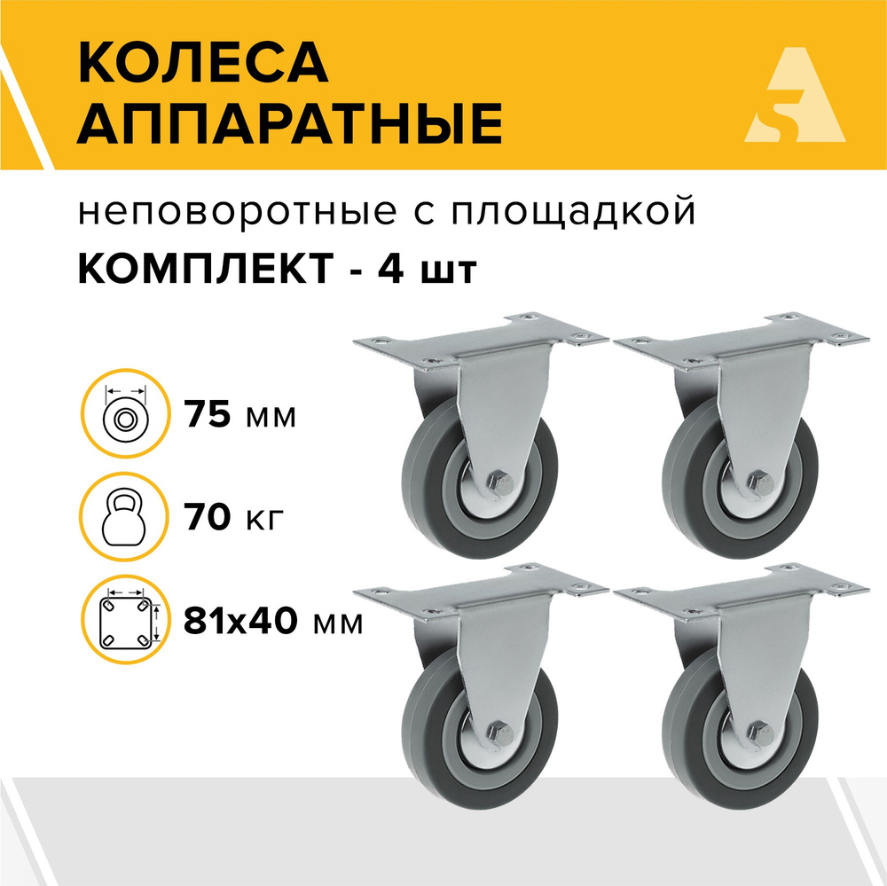 Колеса аппаратные FCg 92 неповоротные с площадкой, 75 мм, 70 кг, резина, комплект - 4 шт.  #1