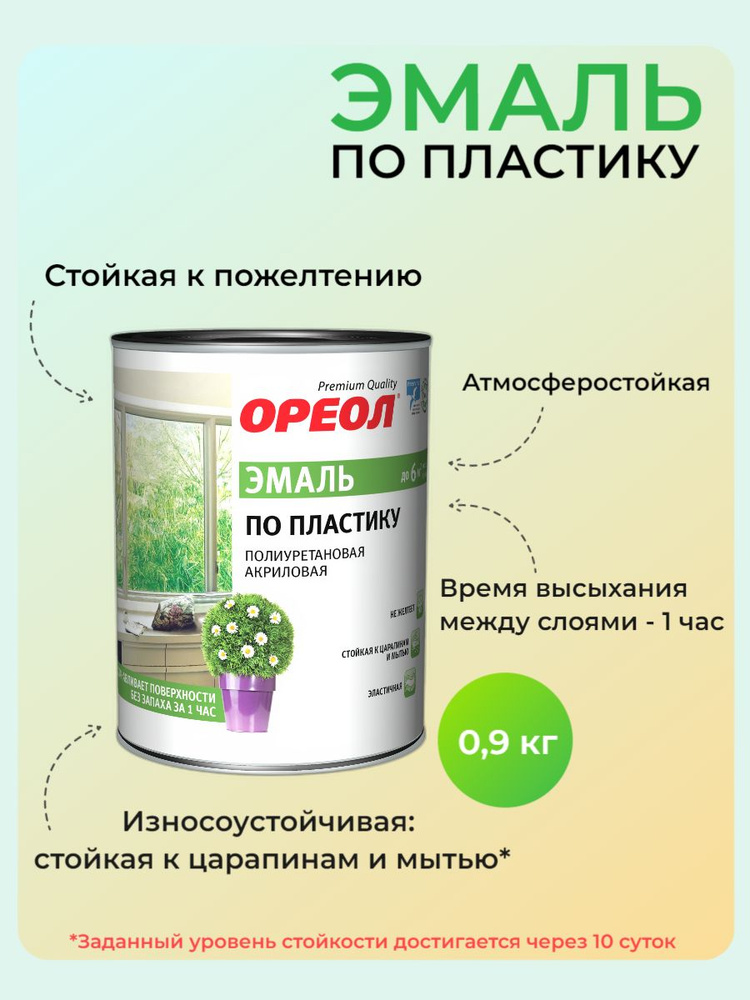 Эмаль по пластику Ореол полиуретановая акриловая Белая полуматовая 0,9кг  #1