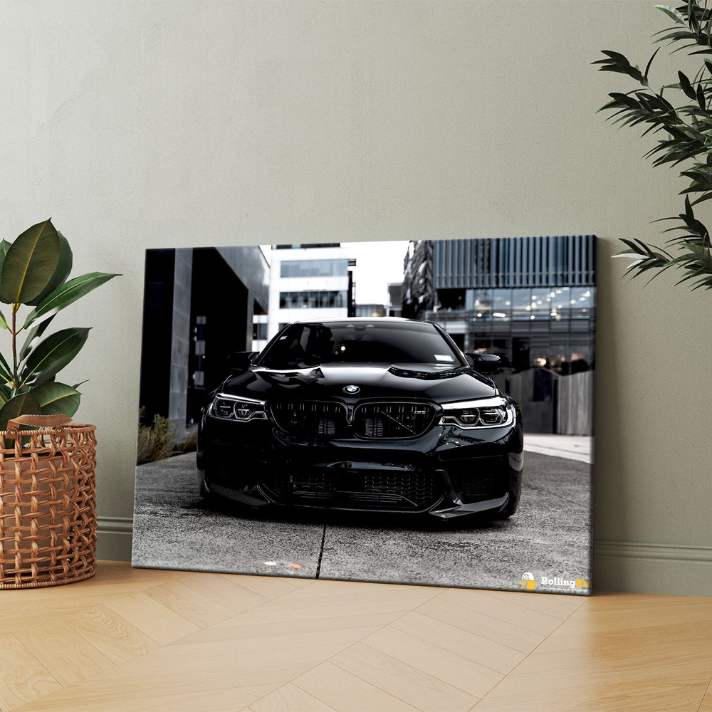Картина на холсте (Черный автомобиль BMW припаркован на городской улице) 60x80 см. Интерьерная, на стену. #1