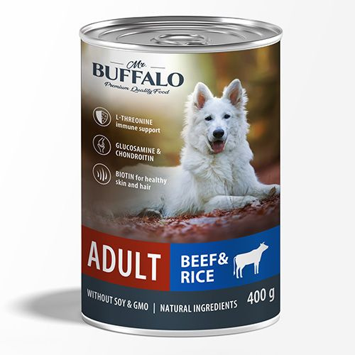 Mr.Buffalo Adult Beef & Rice / Консервы Мистер Бафало для взрослых собак Говядина и рис, 400г х 9шт  #1