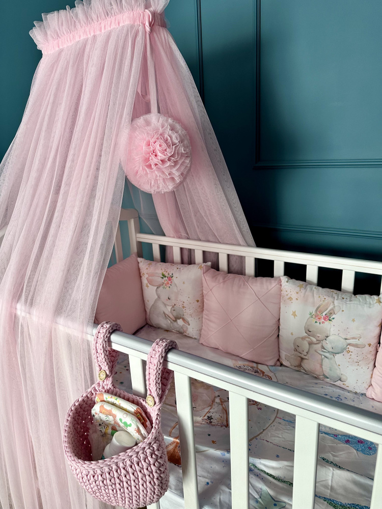 Балдахин с помпонами на кроватку для новорожденных, стрейч-фатин  #1