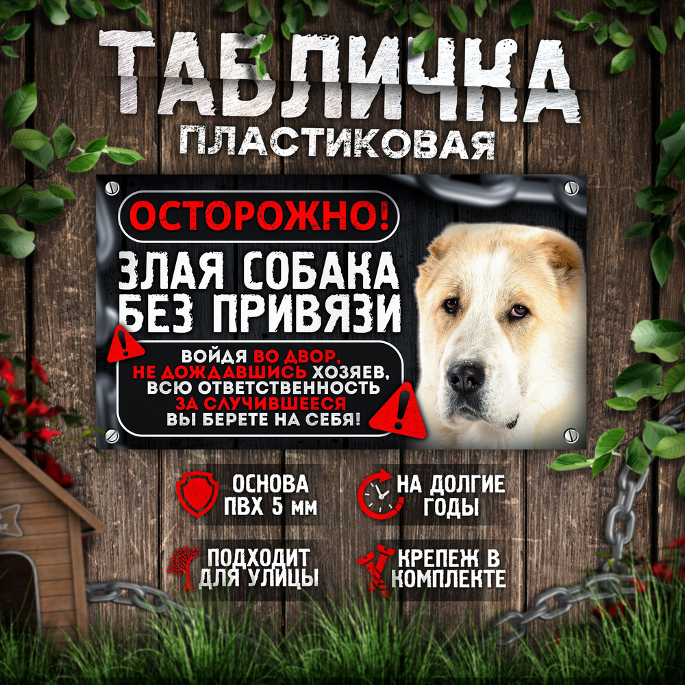 Табличка, на забор, DANGER DOG, Осторожно! Во дворе собака без привязи, Алабай, 25x14 см  #1