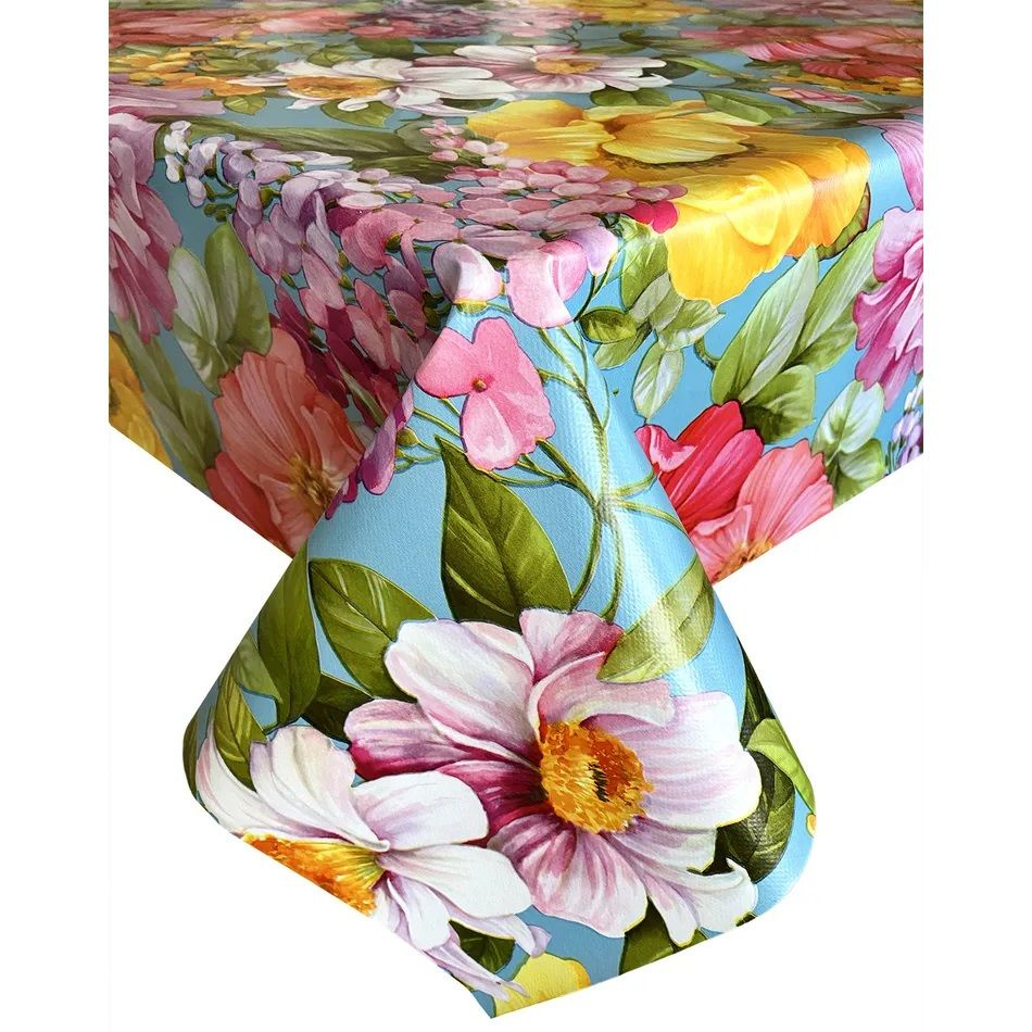 Скатерть - клеенка на стол отрезная 140х150 ПВХ на нетканой основе FLORISTA (Цветы на голубом)  #1